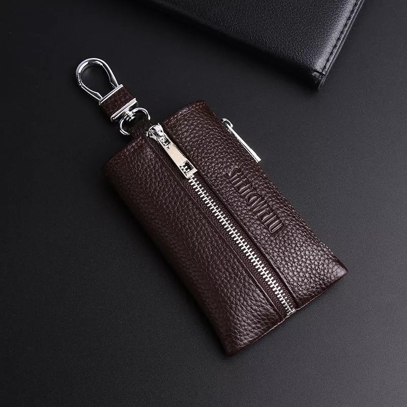 Kuqi Kangaroo Key Bag Men's Genuine Leather Zipper Waist Hanging Multifunctional Large Capacity Car Key Bag Storage Bag Key Bag Women Black