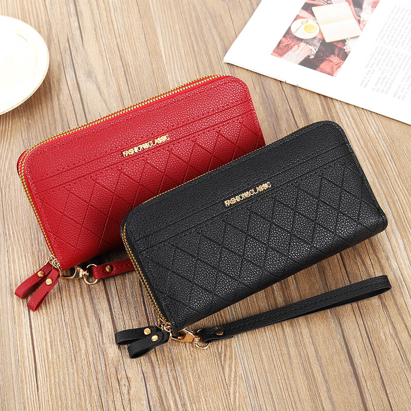 Kuqi Kangaroo New Double Zipper Wallet Women's Long Large Capacity Checkered Clutch Double Layer Wallet Korean Style Coin Mobile Phone Bag Black