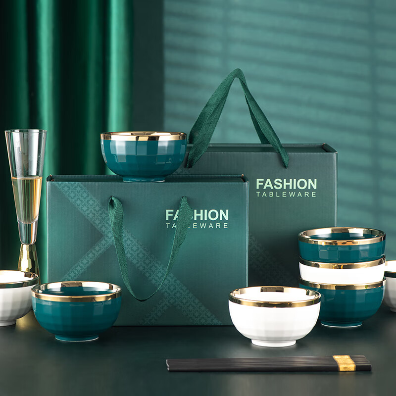 SUMEIJI gift bowl and chopsticks set, ceramic light luxury bowl set, gift to customers for annual meeting, employee benefits, souvenirs, store celebration prizes, gold-plated 4.5-inch bowl, 1 white, 1 green, 2 chopsticks