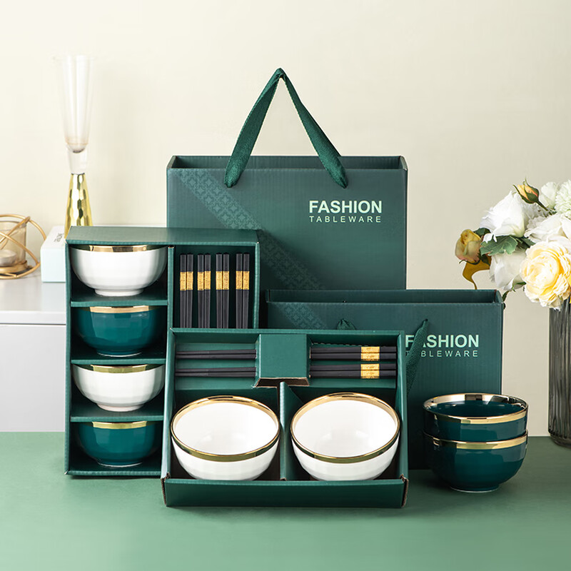 SUMEIJI gift bowl and chopsticks set, ceramic light luxury bowl set, gift to customers for annual meeting, employee benefits, souvenirs, store celebration prizes, gold-plated 4.5-inch bowl, 1 white, 1 green, 2 chopsticks
