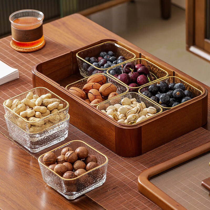 Muyaxuan fruit plate living room nut plate high-end melon seed plate dry fruit plate solid wood candy plate compartment snack storage box six-square grid fruit plate (including 6 glass bowls)