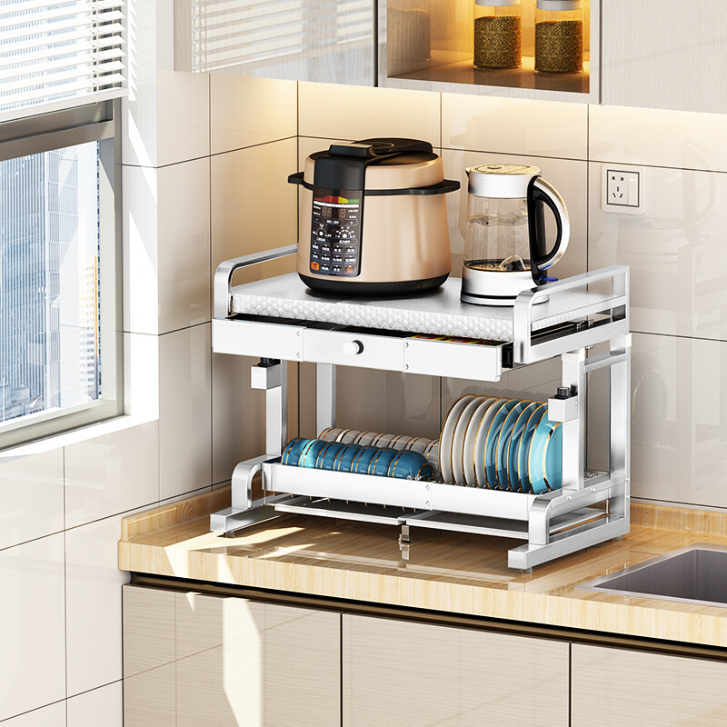 Simple space kitchen storage rack microwave rack oven all-in-one appliance storage rack rice cooker rack countertop double pot rack second layer desktop with drawer black telescopic-knob lift microwave oven with drawer with full set of pendants