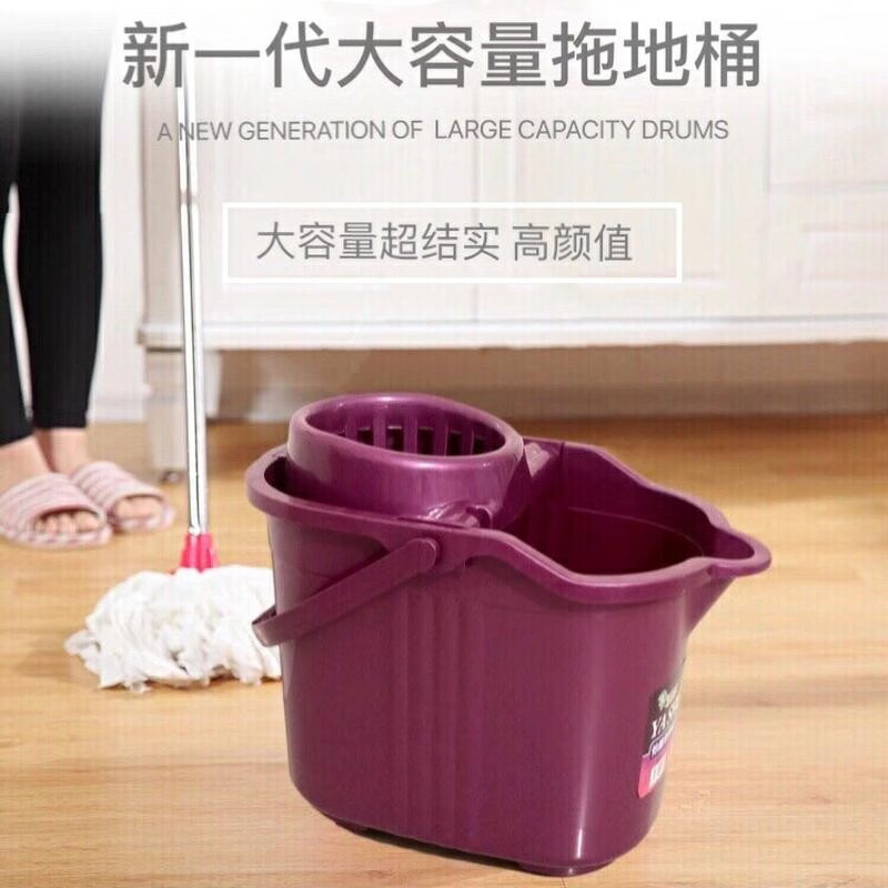 Thickened hand-pressed plastic mop bucket with wheels, rotating squeeze bucket, lazy person's water-free mopping artifact, rectangular portable wide dehydration bucket, cleaning single bucket, pressed dry mop bucket, newly upgraded cooked glue, thickened and resistant to falling, light blue