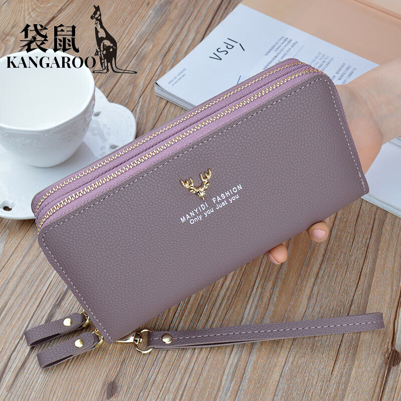 Kangaroo (KANGAROO) New Wallet Women's Long Clutch Double Zipper Wallet Mobile Phone Bag Fashion Simple Large Capacity Double Layer Wallet Black