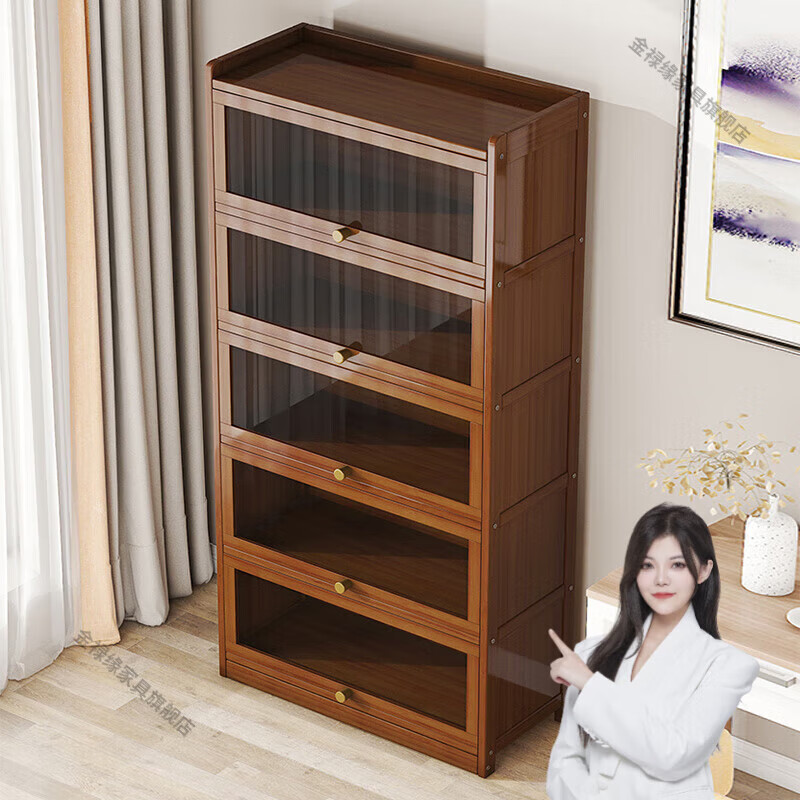 Jin Luyuan bookshelf storage rack floor-standing simple home new simple bookcase with door dust-proof storage cabinet living room storage cabinet back 6 layers 80 classic brown - full bamboo frame transparent