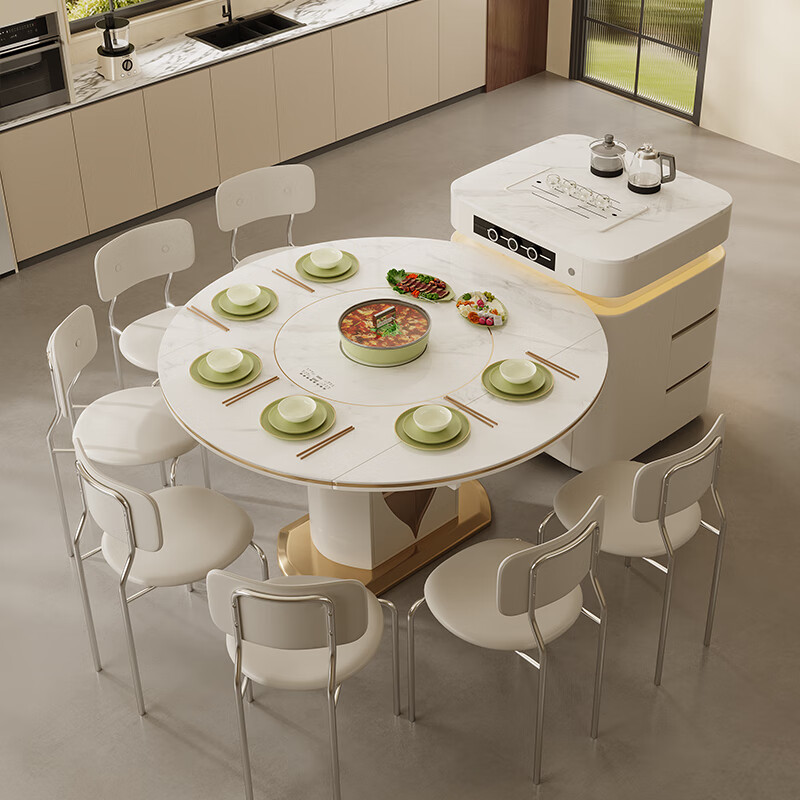 Yishengyuan slate island table dining table integrated household separated guide table modern light luxury with induction cooker turntable telescopic round table 1.35 meters dining table + telescopic island table