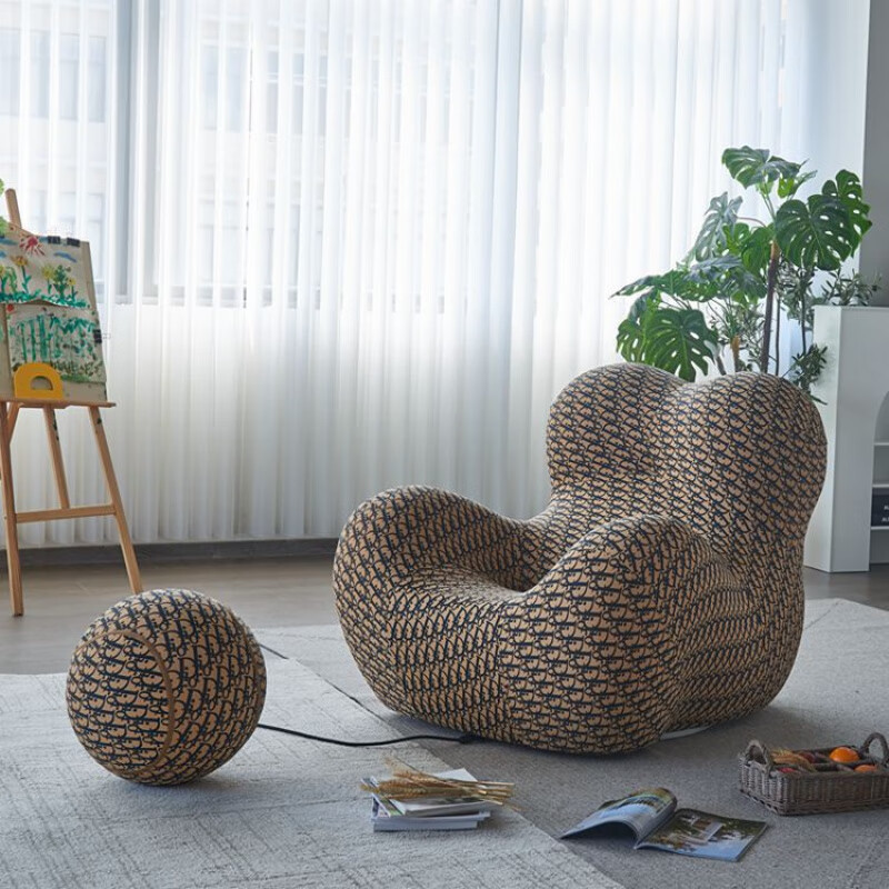 Santoba single sofa, reclining single sofa chair, mother's embrace, Internet celebrity lazy leisure sofa, living room leisure sofa, champagne color sherpa + same color ball