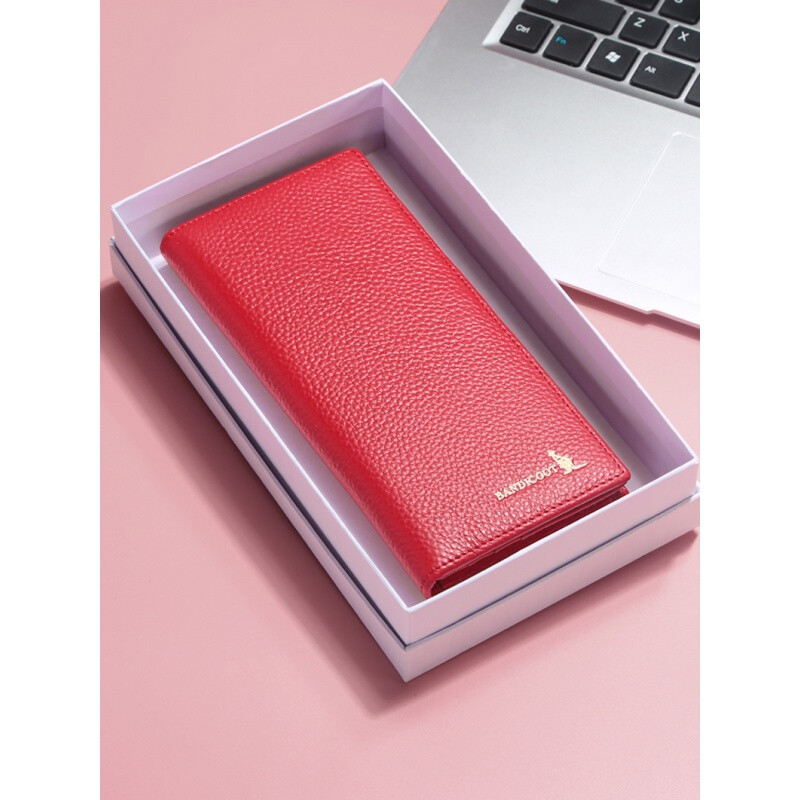 Kangaroo Light Luxury Simple Women's Wallet Women's Long Genuine Leather Wallet Chinese Valentine's Day Fashion Simple Coin Purse Thin Pink (Thick Style)