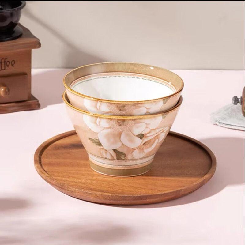 Chino Camellia 5-inch bamboo hat bowl, household eating bowl, Japanese-style tall bowl, anti-scalding ceramic tableware, Internet celebrity creative simplicity, Camellia 5-inch bamboo hat bowl (1 piece)