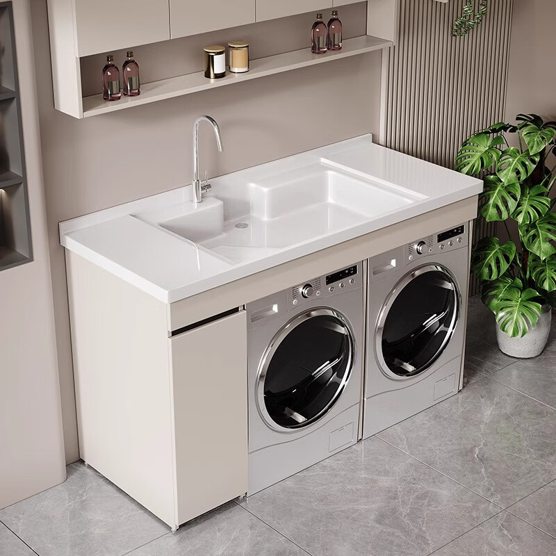 Tuowei small apartment washing machine cabinet combination balcony washbasin all-in-one cabinet washbasin basin cut corner customized with washboard slot 80*70cm warm khaki-with washboard