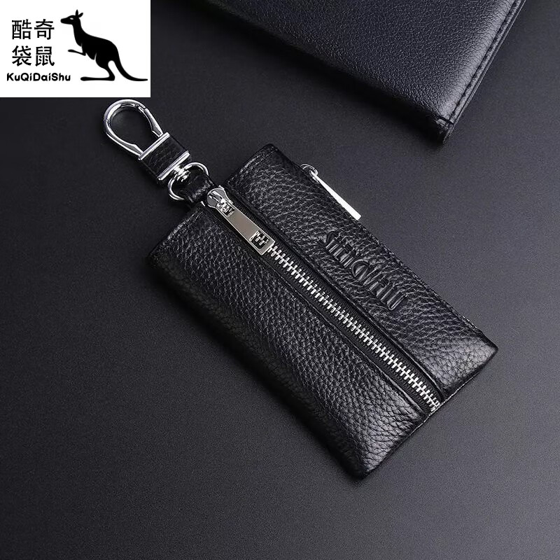 Kuqi Kangaroo Key Bag Men's Genuine Leather Zipper Waist Hanging Multifunctional Large Capacity Car Key Bag Storage Bag Key Bag Women Black