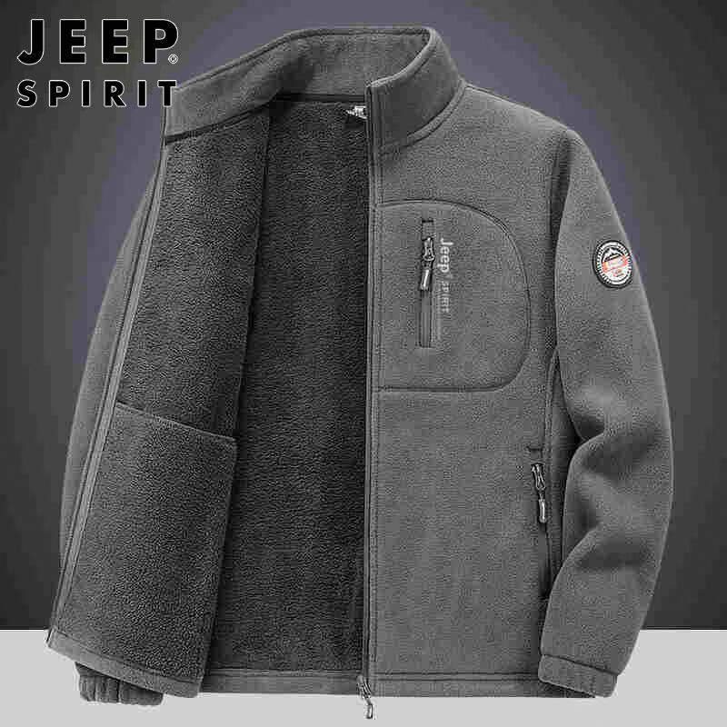 JEEP SPIRIT Jeep Jacket Men's Spring and Autumn Stand Collar Polar Fleece Jacket Men's Velvet Cardigan Sweater Men's Dark Gray XL