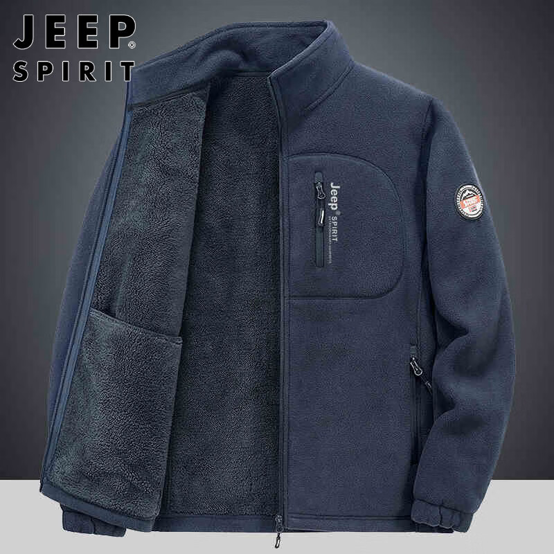 JEEP SPIRIT Jeep Jacket Men's Spring and Autumn Stand Collar Polar Fleece Jacket Men's Velvet Cardigan Sweater Men's Dark Gray XL