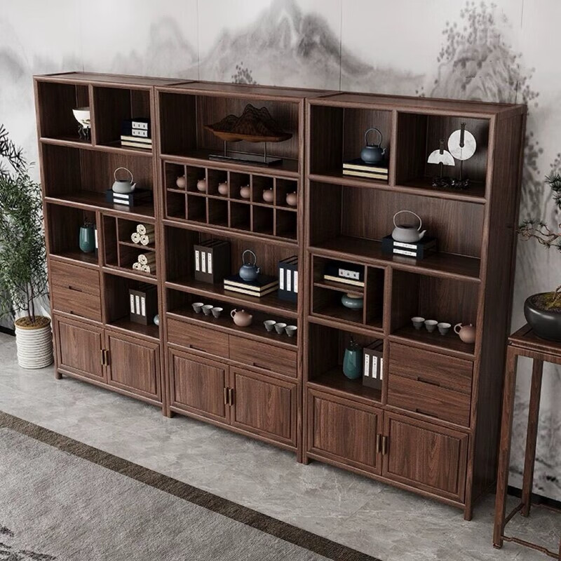 Zhenzhen new Chinese style old elm tea room display cabinet solid wood archaic shelf office cabinet bookcase Duobao Pavilion wine cabinet storage cabinet three-piece set