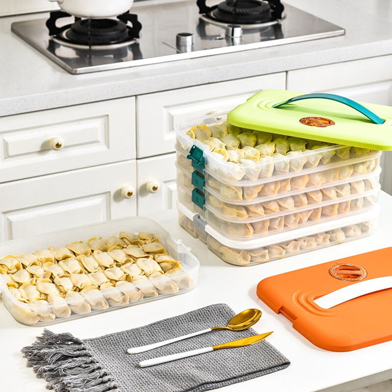 Muzhou dumpling box special frozen dumpling box storage box household dumpling tray quick-frozen chaos fresh-keeping frozen box orange 1 cover + 4 bottoms four layers about 160 pieces