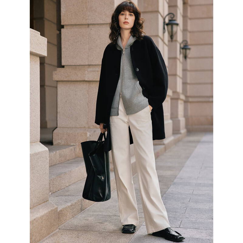 ELLE sheep wool two-piece woolen coat for women 2025 winter new casual hooded wool coat black M