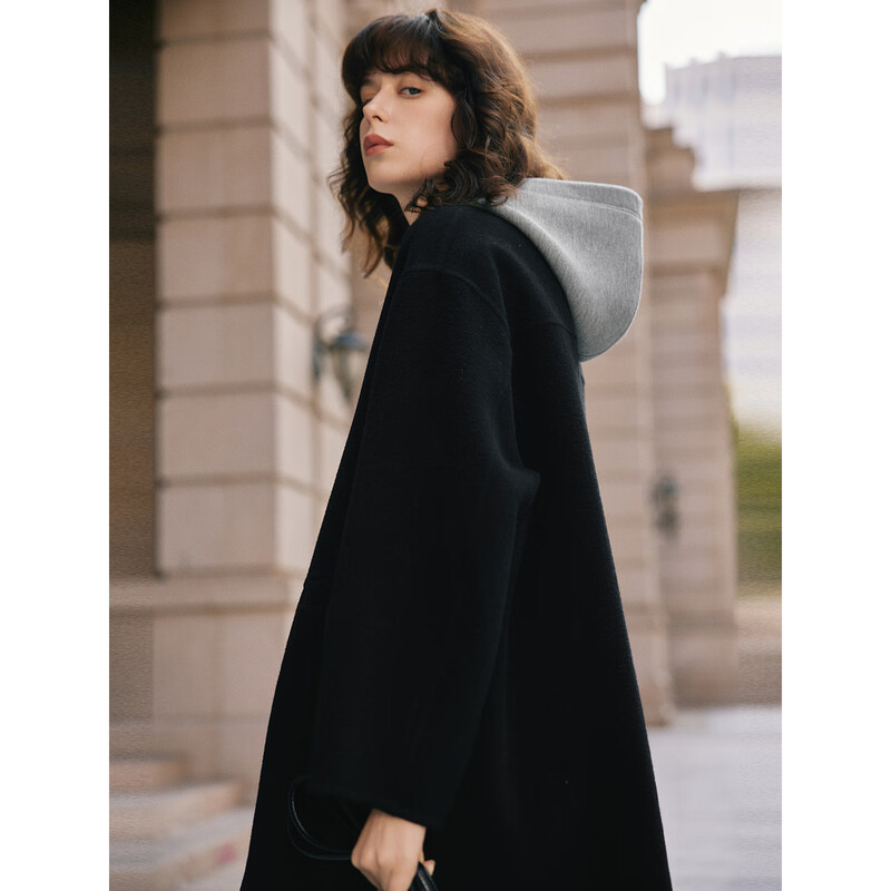 ELLE sheep wool two-piece woolen coat for women 2025 winter new casual hooded wool coat black M