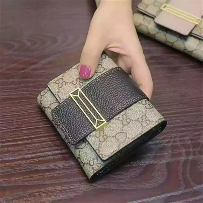 CALCULAT&KEEN women's bag light luxury European and American small wallet women's short genuine leather mini 2024 new Korean version printed wallet khaki