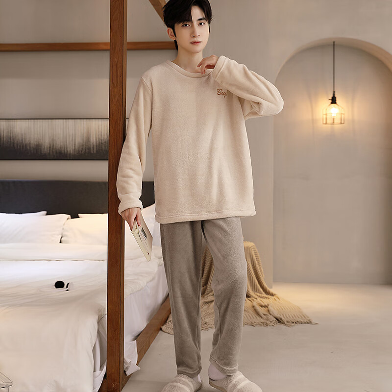 Anjiren Men's Pajamas Men's Autumn and Winter Plus Velvet Flannel Pullover Can Be Weared Outside Home Clothes Set Embroidered Rice 2XL