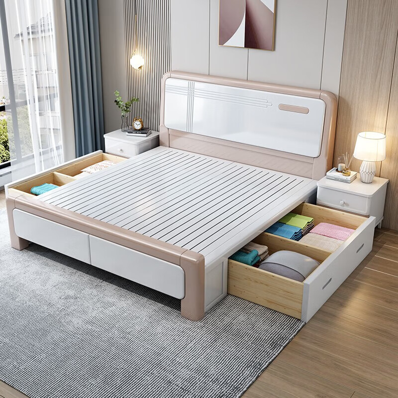 First year all solid wood bed light luxury bed modern simple master bedroom double bed white high box storage wedding bed bedroom furniture silent bed + coconut palm mattress 1.5m*2m frame style