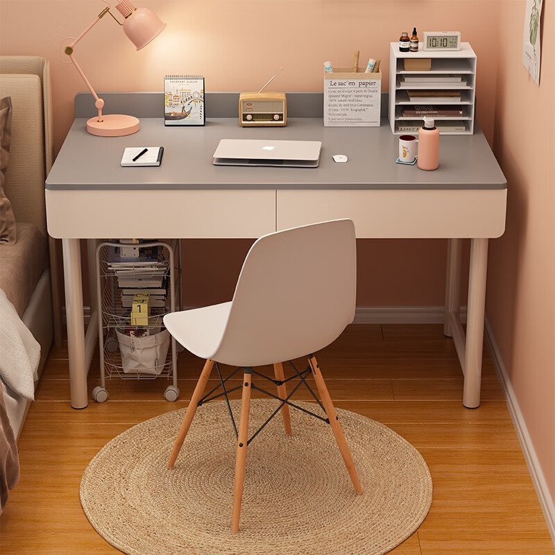 Minyu Steel Wood Desk Desktop Home Simple Office Desk Girls Bedroom Study Desk Small Apartment Table and Chair Set 120cm Warm White + White Frame