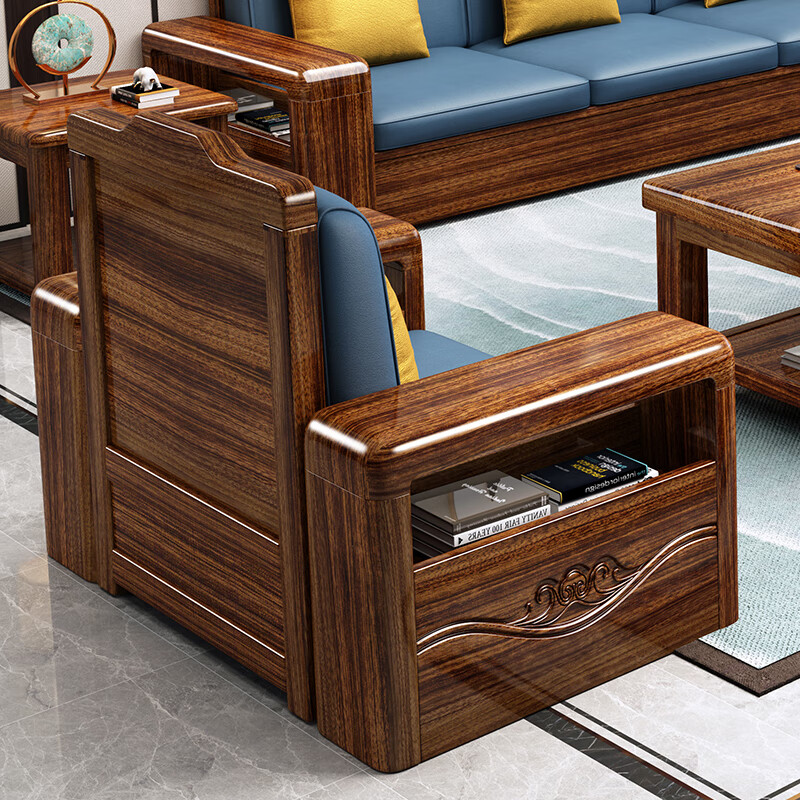 Chenya Sofa Black gold solid wood sofa living room household size Chinese style winter and summer sofa corner combination four seats + imperial concubine + coffee table + TV cabinet combination latex cushion style