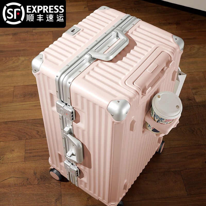 Ouyuan super large capacity suitcase, multi-functional, durable, seatable alloy trolley case for overseas checked PC suitcase, shell white, thickened aluminum frame case, wet and dry separation, 30 inches USB + cup holder + side hook + bracket