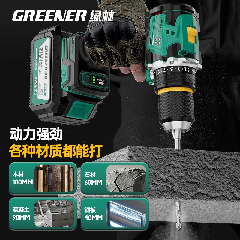 Green Forest 21V Brushless Lithium Electric Drill 55N.M Hand Electric Drill Rechargeable Drilling Multi-Function Power Transfer Free 27 Luxury Accessories