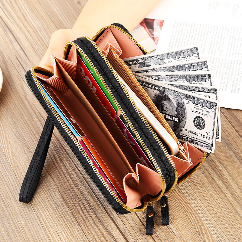 Kuqi Kangaroo New Double Zipper Wallet Women's Long Large Capacity Checkered Clutch Double Layer Wallet Korean Style Coin Mobile Phone Bag Black