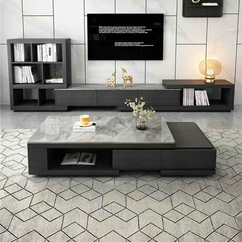 Ji Qin's quick delivery in 3 hours Coffee table Italian light luxury slate TV cabinet coffee table combination Nordic modern simple small apartment living room furniture TV cabinet base cabinet Upgraded slate coffee table (retractable 1.3-1.65 meters) Completely installed