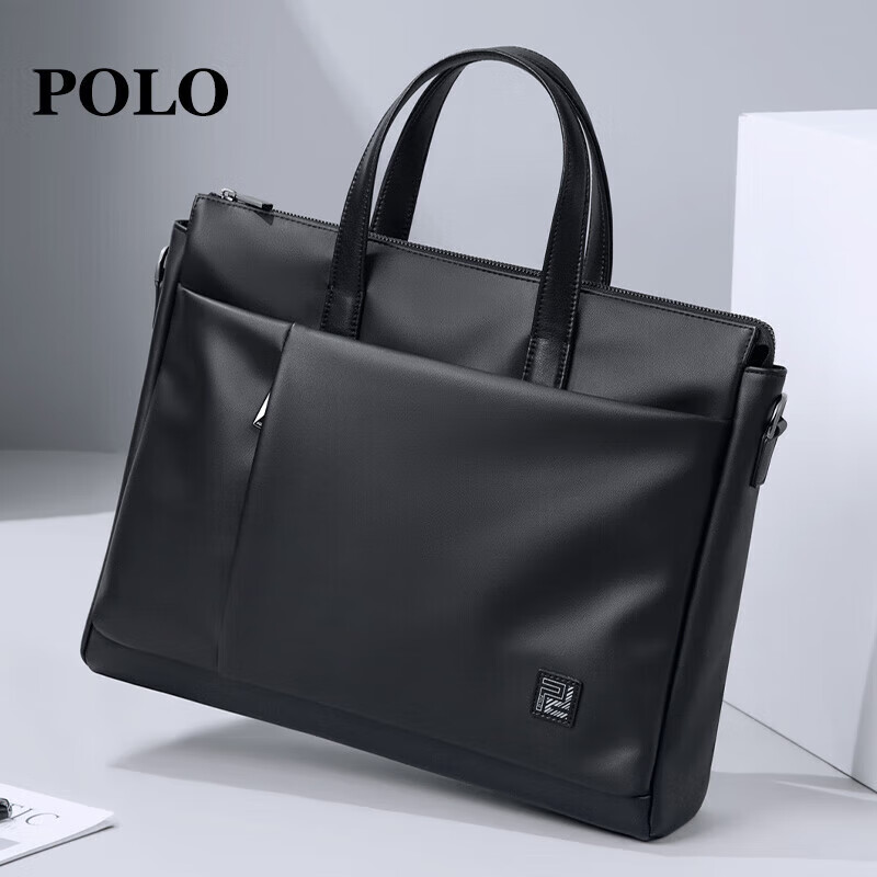POLO briefcase soft leather men's business handbag 16-inch computer bag horizontal shoulder file bag birthday gift