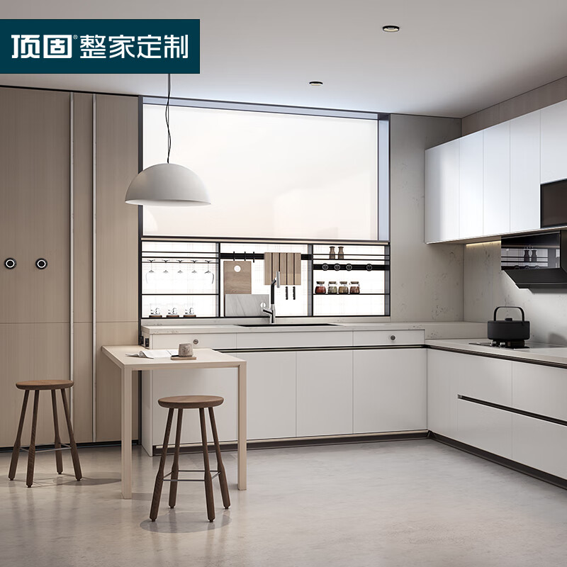 Dinggu cabinets customized integrated kitchen kitchen cabinets modern minimalist open L-shaped kitchen quartz stone countertop white dew series prepaid deposit