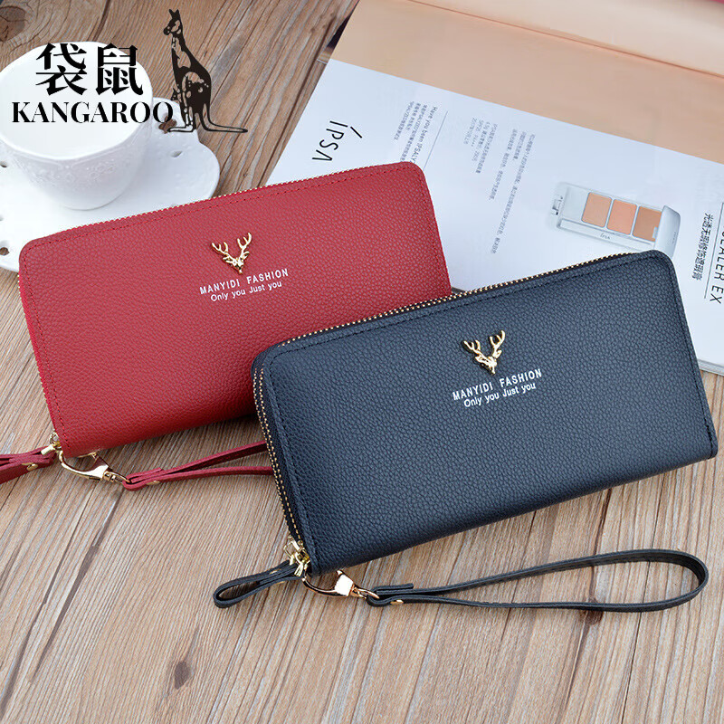 Kangaroo (KANGAROO) New Wallet Women's Long Clutch Double Zipper Wallet Mobile Phone Bag Fashion Simple Large Capacity Double Layer Wallet Black