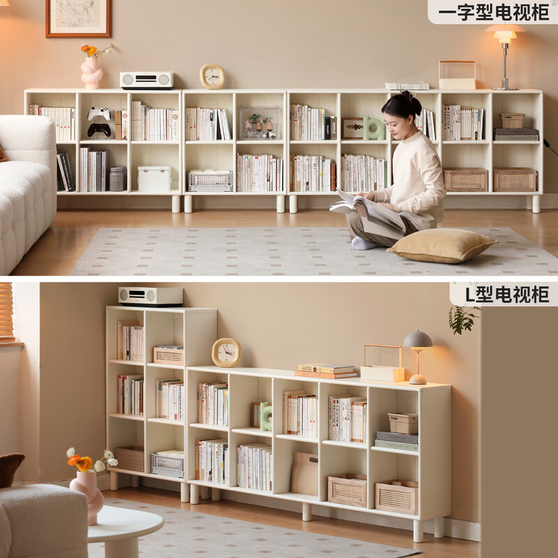 Genji Muyu solid wood bookshelf white cream style study room bookcase grid cabinet wall display rack 0.7 meter bookshelf (2*2 grid)