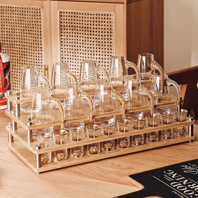 Genas high-end wineware and white wine glass set for home and hotel, gold foil wine dispenser, 100ml bullet cup, small wine glass, one cup, 6 golden cups + 6 wine dispensers + handle cup holder