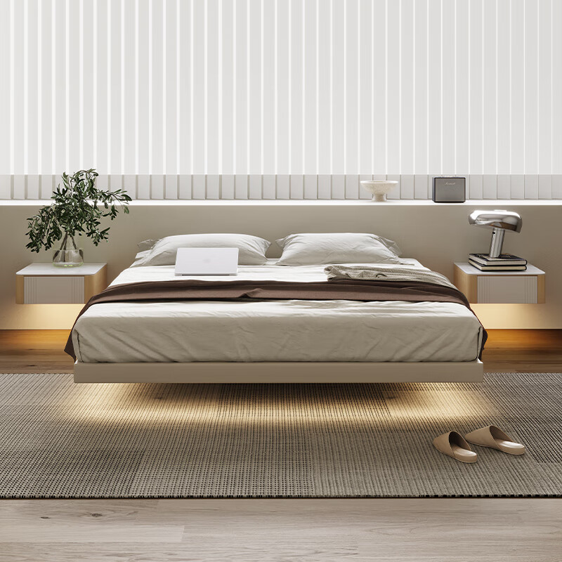 Yiluo suspended bed modern minimalist minimalist without bedside bed master bedroom double bed Italian light luxury leather bed without backrest beech wood row frame bed + with lamp suspended structure 1800mm*2000mm