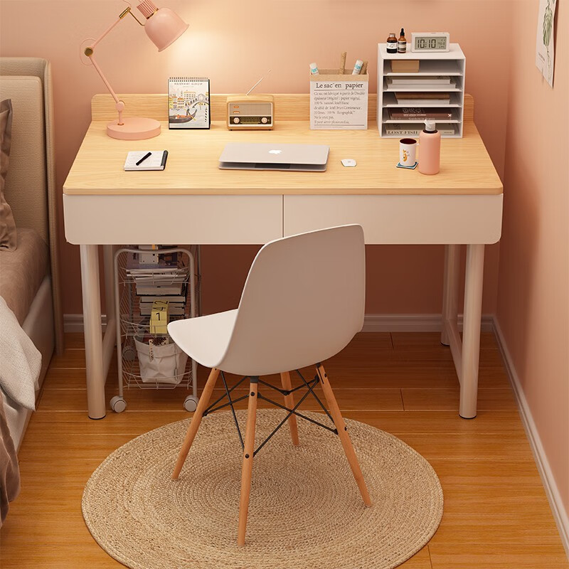 Minyu Steel Wood Desk Desktop Home Simple Office Desk Girls Bedroom Study Desk Small Apartment Table and Chair Set 120cm Warm White + White Frame