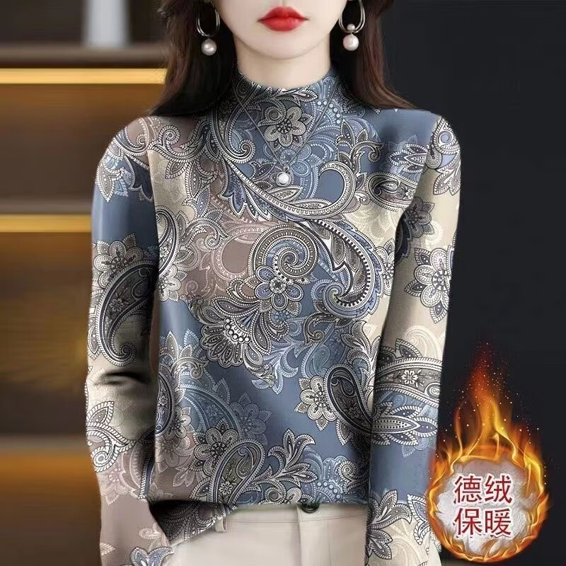 Su Ningning original quality half-turtle collar German velvet bottoming shirt for women in autumn and winter, Western style plus velvet thickened printed T-shirt, Yinhua German velvet (soon to be sold out) XL recommended 115-130 pounds