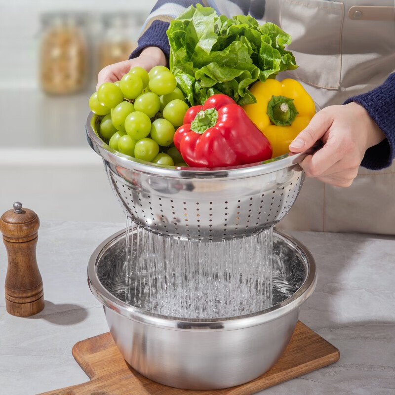 Konbach stainless steel household vegetable basin drain basket drain fruit basin rice sieve basin drain basin and basin seasoning basin basin sieve four-piece set