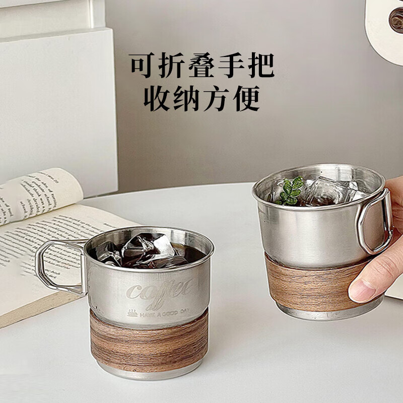 YIJUKE folding handle high-value 304 stainless steel coffee cup condensed ice American milk cup outdoor camping water cup