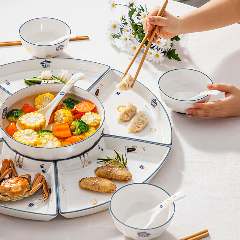 SUMEIJI tableware set, reunion dinner platter, tableware set, ceramic bowl and dish set, household bowls and plates, family New Year's Eve dinner plates and bowls, modern series - 18-piece platter set, 18-piece set