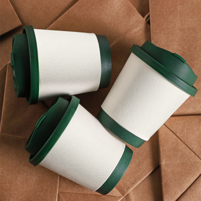 Forty thousand kilometers coffee cup double-layered paper cup with lid water cup household commercial packaging cup hot drink paper cup thickened double-layered milk tea cup retro green 330ml + butterfly green lid - 25 sets