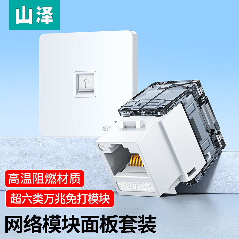 Shanze Network Port Panel Category 6e 10 Gigabit Ethernet Cable Free Module Panel Socket Set 86 Type Thickened One Computer Flame Retardant Panel + Category 6e Module SZ-MBT09