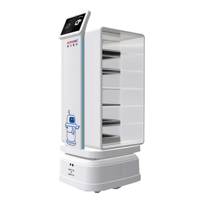 The delivery robot has a large load-bearing capacity, can be customized, and can be mounted on an elevator. It is suitable for various delivery scenarios. White