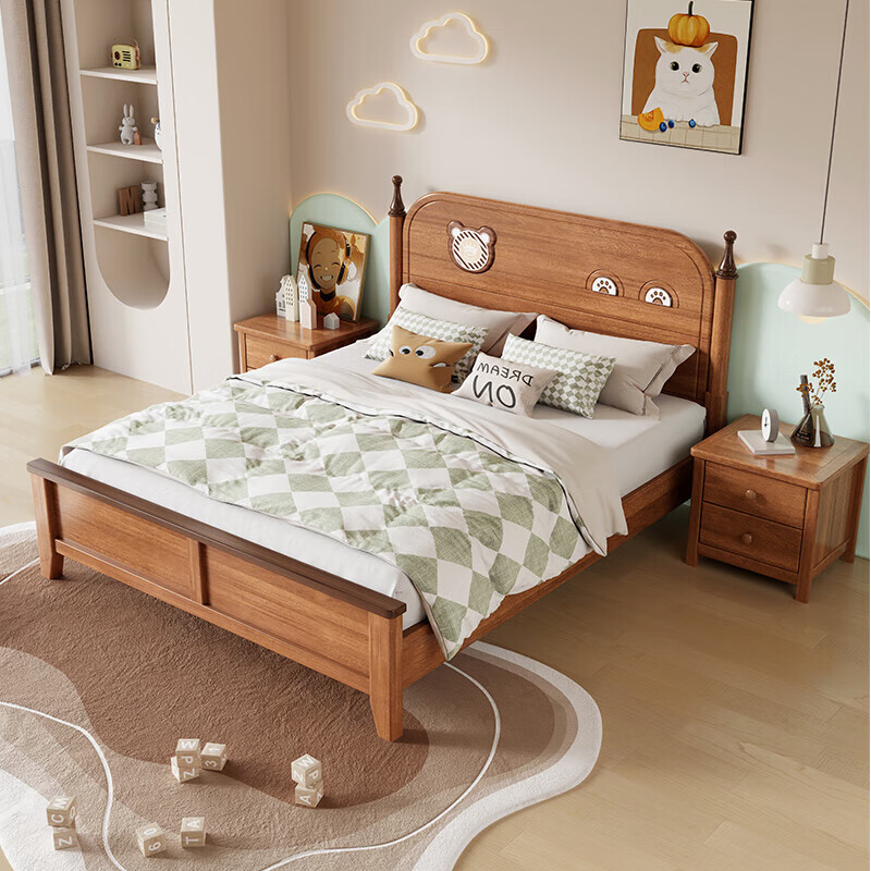 Fruit wood style children's bed solid wood for boys and girls 1.35m single bed 1.2m solid wood bed 1.5m imported golden sandalwood single bed + 10cm natural antibacterial coconut palm mat 120*200cm standard silent bed board