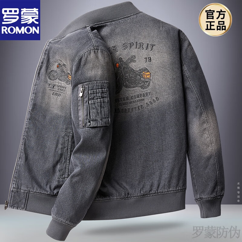 ROMON Denim Work Jacket Men's Spring and Autumn Youth Loose Large Size Casual Tops Trendy Pilot Baseball Collar Jacket Retro Green M