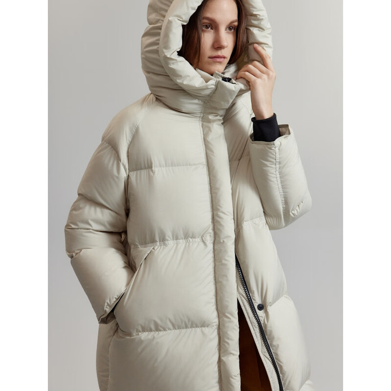 ELLE90 white duck down mid-length loose hooded down jacket for women 2023 winter new style niche straight jacket off-white S loose, recommended 100-115 catties
