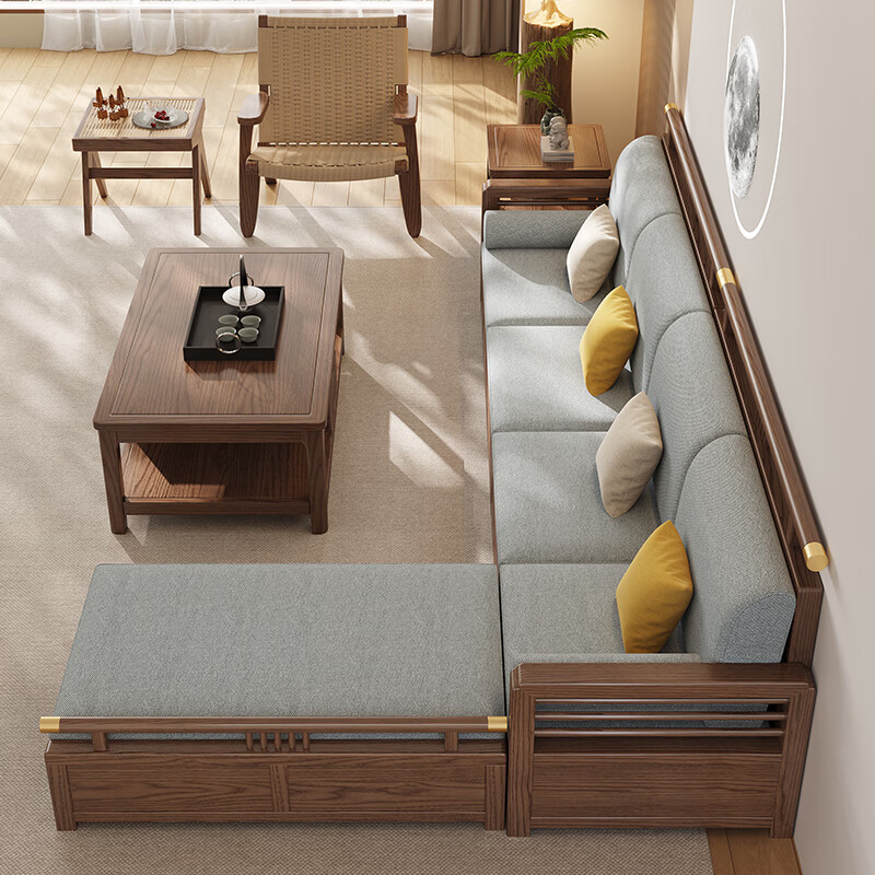 Dynasty Yijing Ash New Chinese Style Solid Wood Sofa Living Room 2026 New Modern Simple Storage Fabric Sofa Small Apartment 8 Sets Four Seats + Imperial Concubine + Long Coffee Table