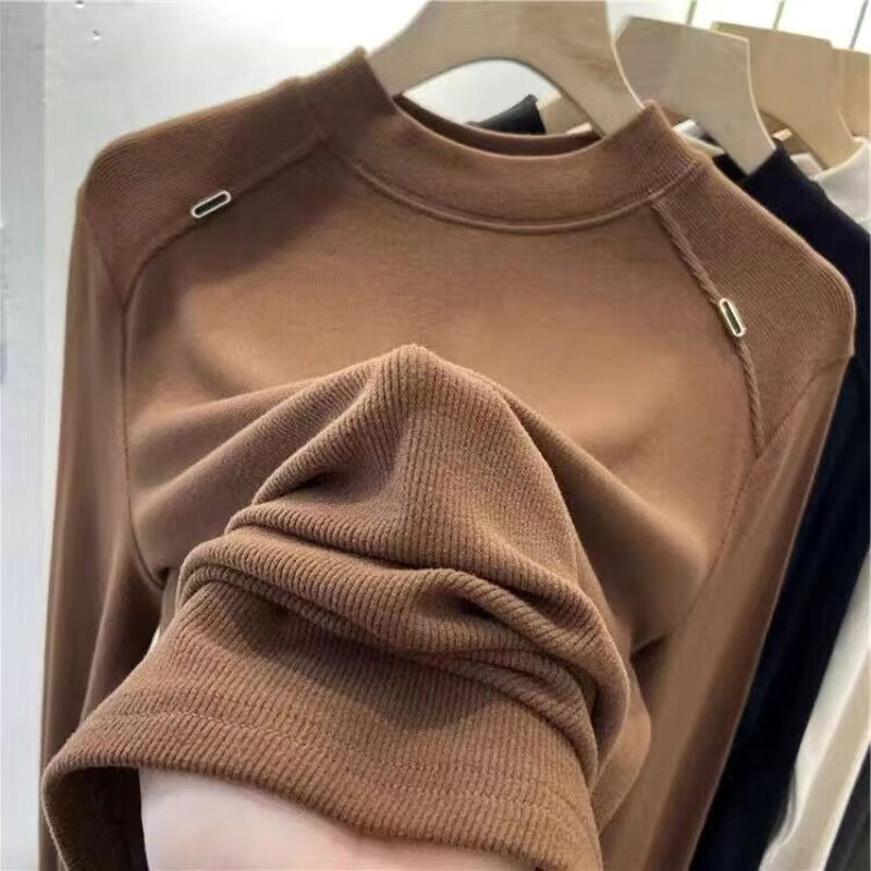 Luo Dada bottoming shirt for women in autumn and winter new casual round neck slimming long-sleeved T-shirt for women with warm tops brown XL recommended 110-120 pounds