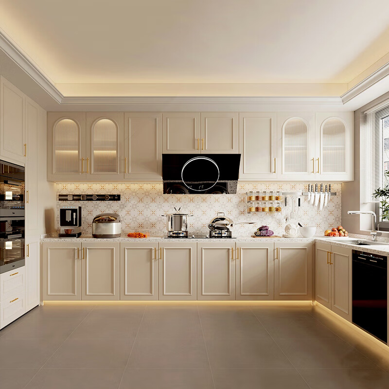 Huili Dejin Kaiyue cream style French cabinets retro light luxury cabinets overall home kitchen U-shaped whole house customization deposit 1 meter